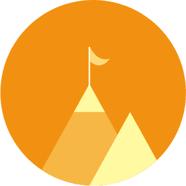 Una montaña con una bandera en un círculo naranja.