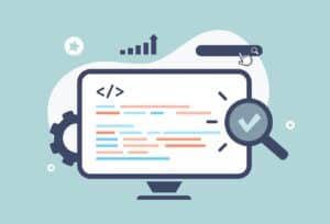 Una pantalla de computadora con una lupa y un código.