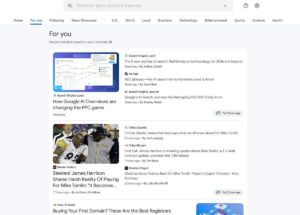 Una página web muestra la sección de noticias "Para ti" con artículos sobre la IA de Google, el posible regreso de James Harrison al fútbol americano y consejos para elegir un registrador de dominios.