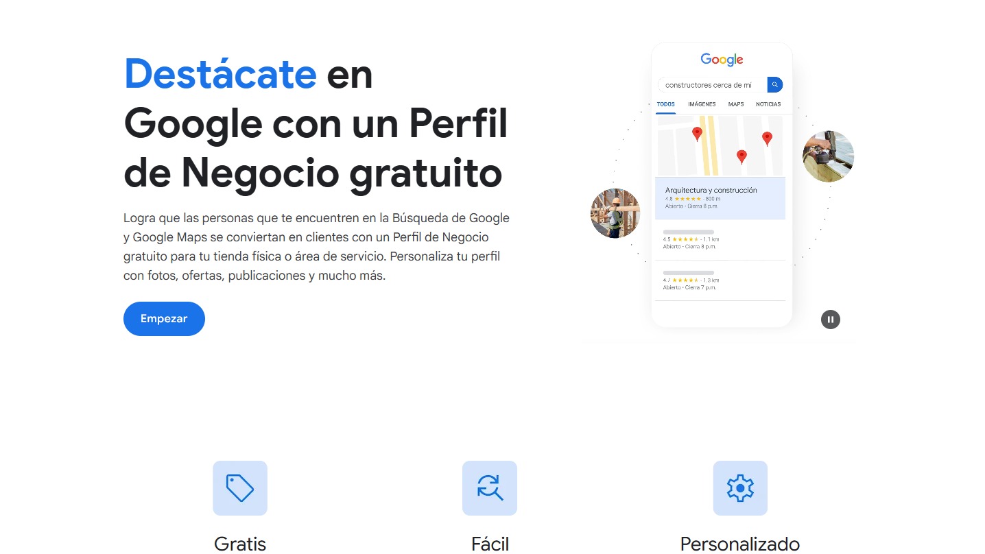 Pantalla en español que promociona la creación gratuita de un Perfil de Negocio en Google, con botón de "Empezar" y una ilustración de un móvil mostrando resultados en Google Maps.