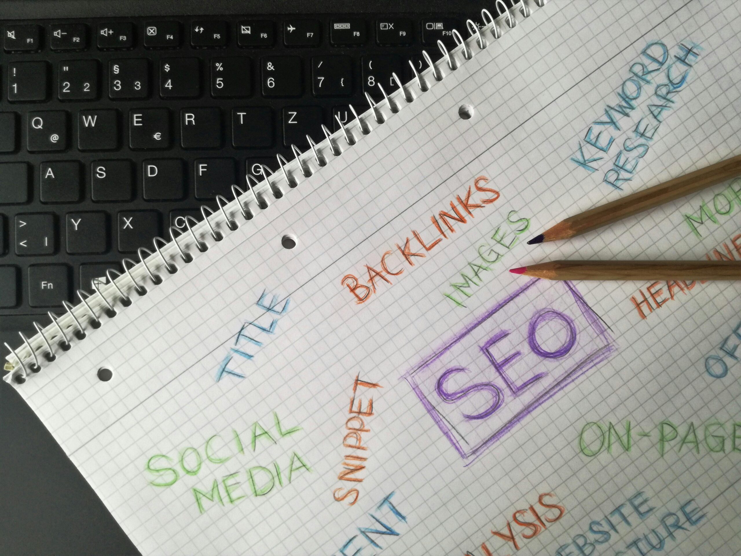 Un cuaderno de espiral sobre el teclado de un portátil muestra términos relacionados con SEO escritos a mano y a todo color, como "SEO", "backlinks", "keyword research" y "social media", con dos lápices sobre la página.