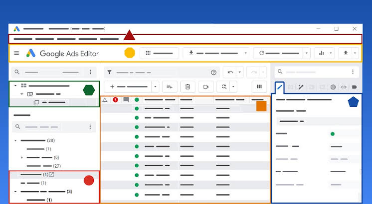 Captura de pantalla de la interfaz del Editor de anuncios de Google en la que se muestran varios paneles, menús y una lista de anuncios con formas de colores que resaltan las distintas secciones.