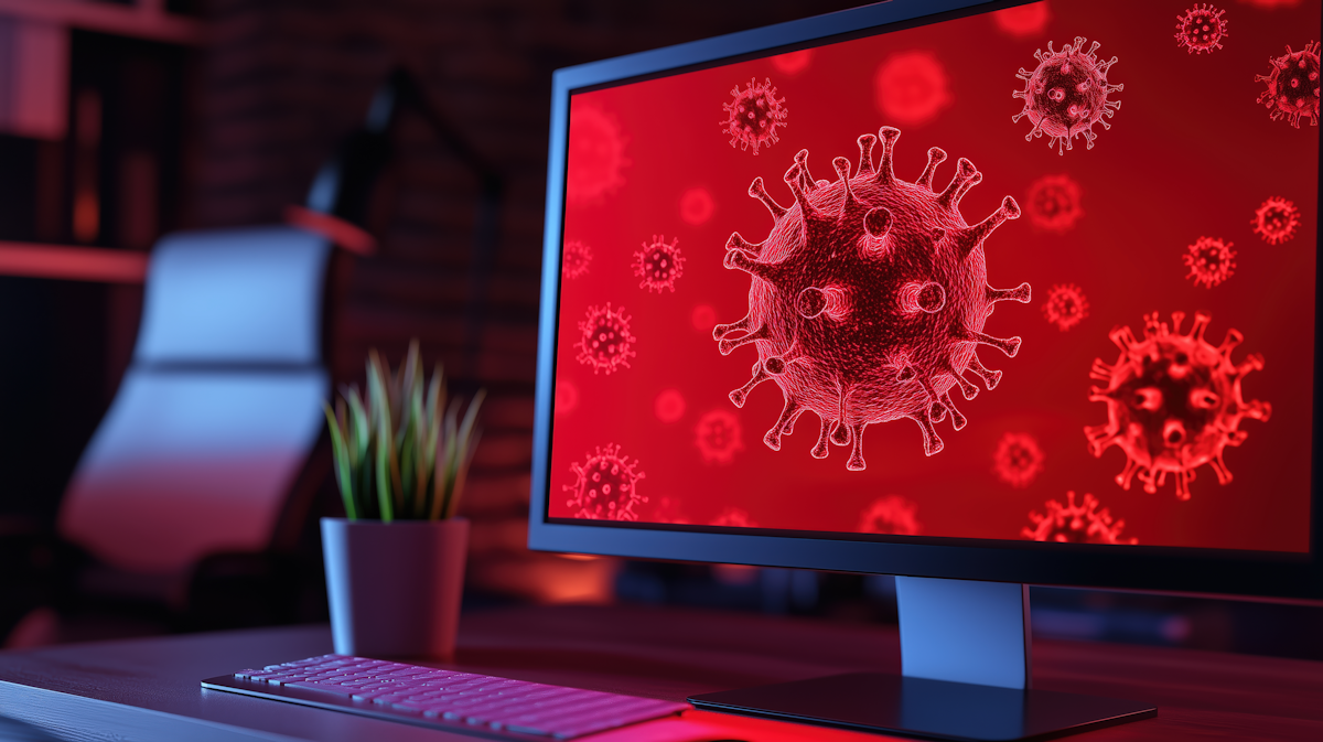 Un monitor de ordenador sobre un escritorio muestra la imagen digital de un virus sobre un fondo rojo, con un teclado y una maceta cerca.