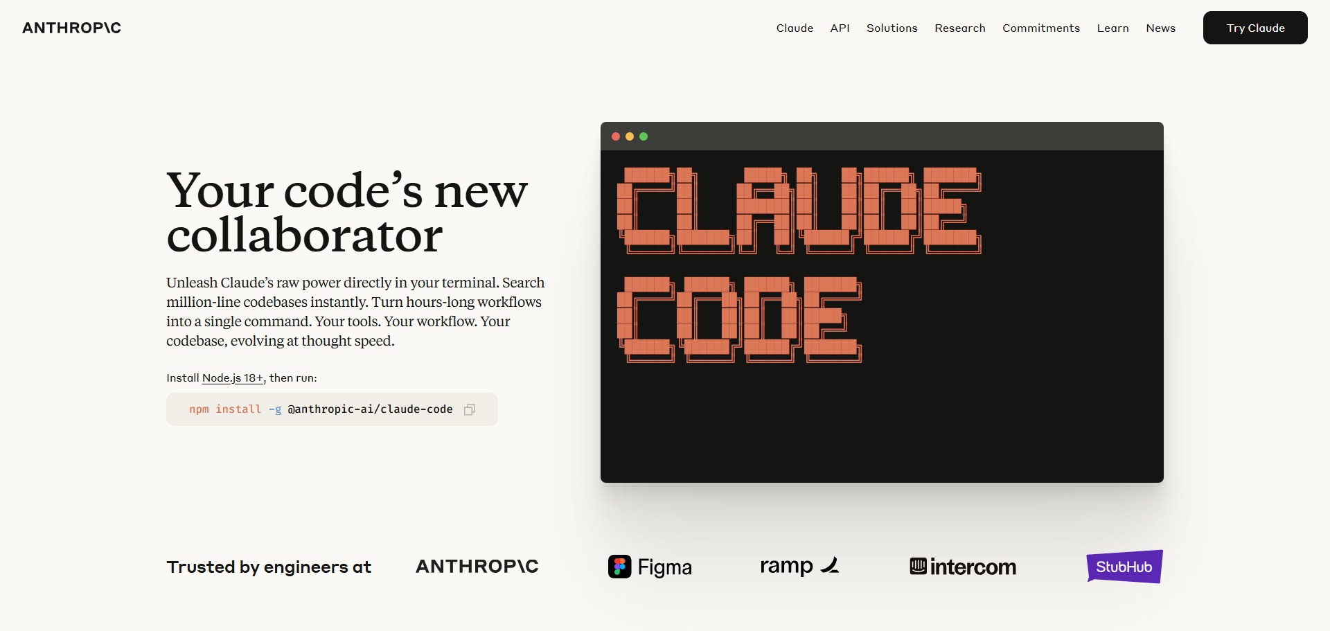Una página web que promociona "Claude Code" de Anthropic, con una ventana de navegador con "CLAUDE CODE" en letras mayúsculas e instrucciones de instalación mediante npm.