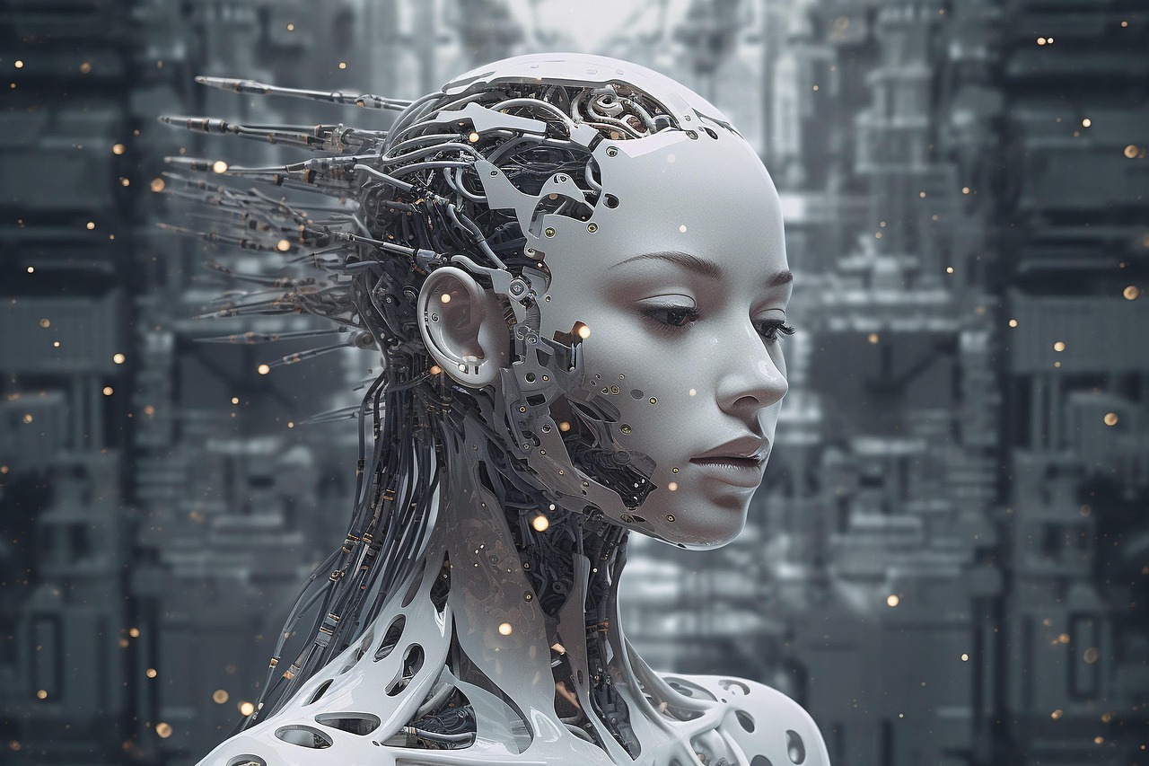 Un robot humanoide futurista de diseño metálico e intrincado se alza sobre un fondo borroso e industrial, con pequeñas partículas brillantes flotando en el aire.