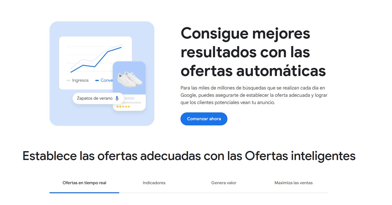 Captura de pantalla de una página de anuncios de Google en la que se promocionan las pujas automáticas, con un gráfico, el icono de unos zapatos de verano y botones para iniciar o conocer las opciones de pujas inteligentes.