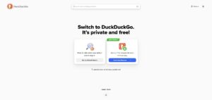 Página de inicio de DuckDuckGo con un mensaje promocionando la búsqueda privada y las opciones del navegador, con botones para establecer DuckDuckGo como búsqueda predeterminada o descargar su navegador.