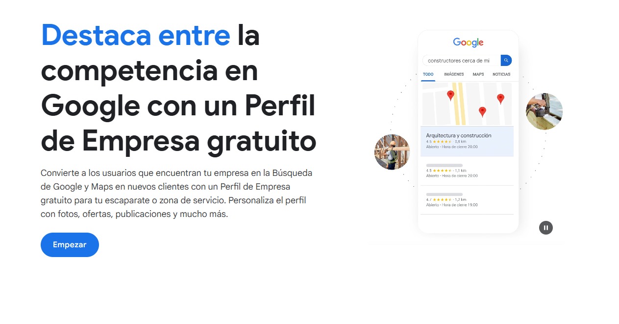 Página de destino que promociona el perfil de empresa de Google, mostrando un teléfono con una búsqueda en Google y un botón azul con la etiqueta "Empezar" para iniciar un perfil de empresa gratuito.