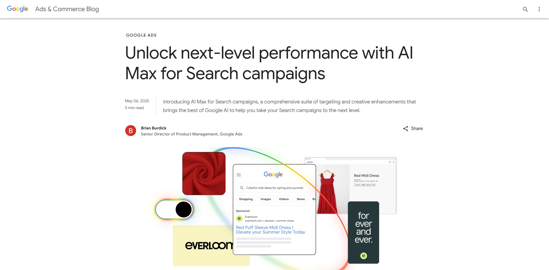 Captura de pantalla de una publicación del blog de Google Ads titulada "Unlock next-level performance with AI Max for Search campaigns" con imágenes relacionadas y extractos de texto visibles.