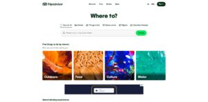 Página de inicio de Tripadvisor con una barra de búsqueda y categorías de actividades al aire libre, comida, cultura y agua mostradas como mosaicos de imágenes de colores.