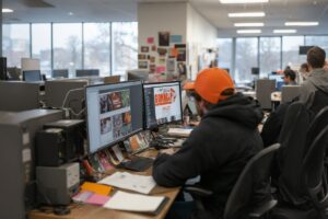 Una persona con gorra naranja trabaja en un escritorio con dos monitores en una concurrida oficina diáfana con grandes ventanales, analizando estrategias SEO para un proyecto digital.