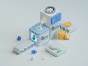 Ilustración en 3D de máquinas abstractas que procesan formas geométricas, con monedas de oro, cintas transportadoras y botones sobre fondo blanco.