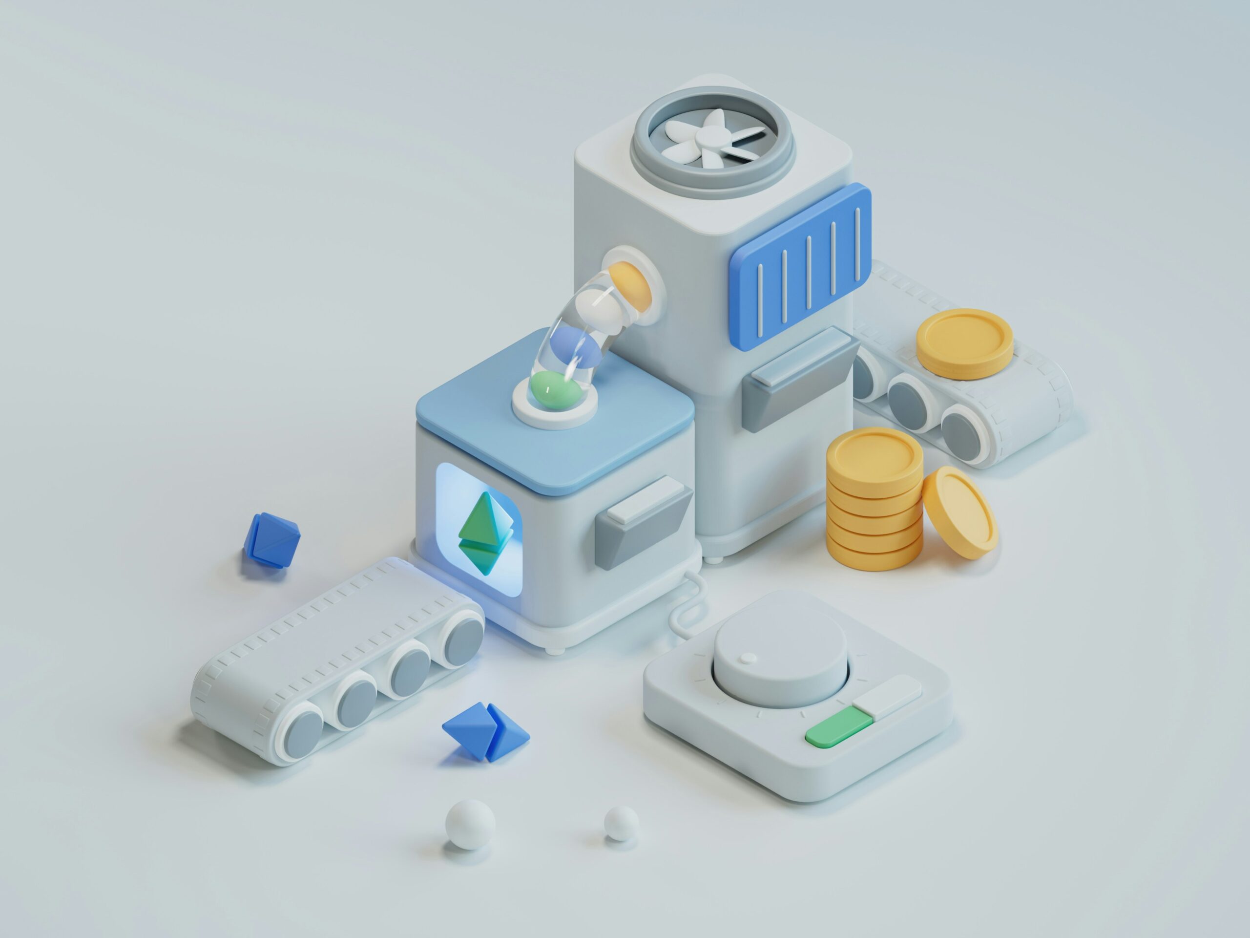 Ilustración en 3D de máquinas abstractas que procesan formas geométricas, con monedas de oro, cintas transportadoras y botones sobre fondo blanco.