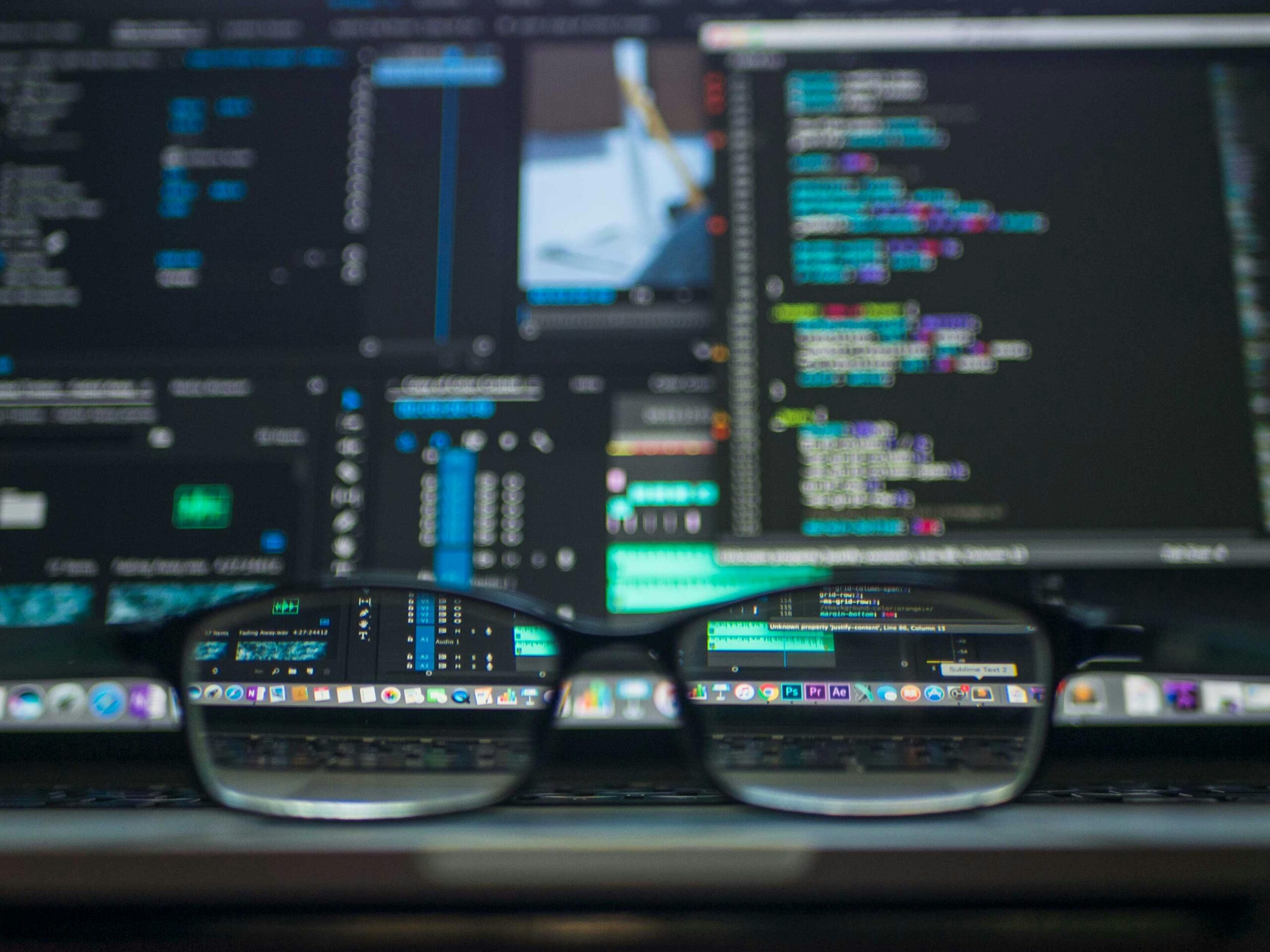 Unas gafas descansan sobre el teclado de un portátil frente a una pantalla que muestra interfaces de codificación y desarrollo de software.