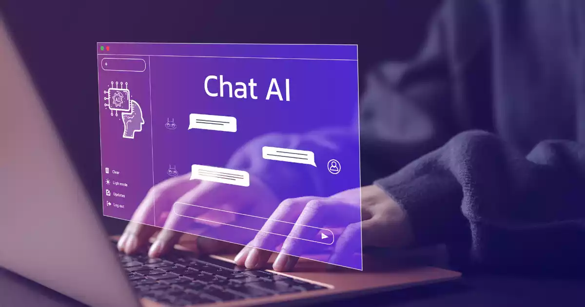 Una persona teclea en un ordenador portátil con una interfaz digital transparente que muestra "Chat AI", burbujas de chat e información sobre el contenido generado por IA en la pantalla.