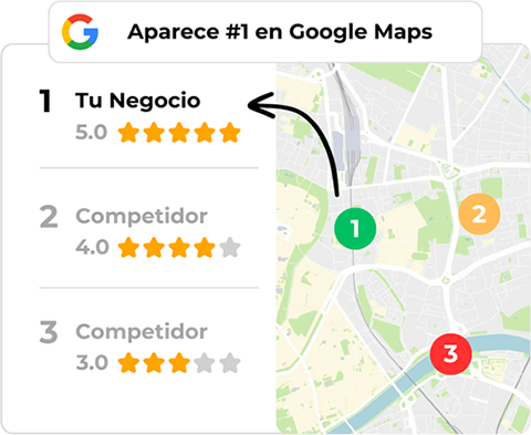 Infografía que muestra una agencia de seo local clasificada nº 1 con 5 estrellas en Google Maps, por encima de dos competidores con valoraciones inferiores, en un mapa de la ciudad parcialmente visible.