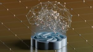 Logotipo metálico de OpenAI con una estructura alámbrica de red neuronal encima, con nodos interconectados, sobre un fondo cuadriculado.