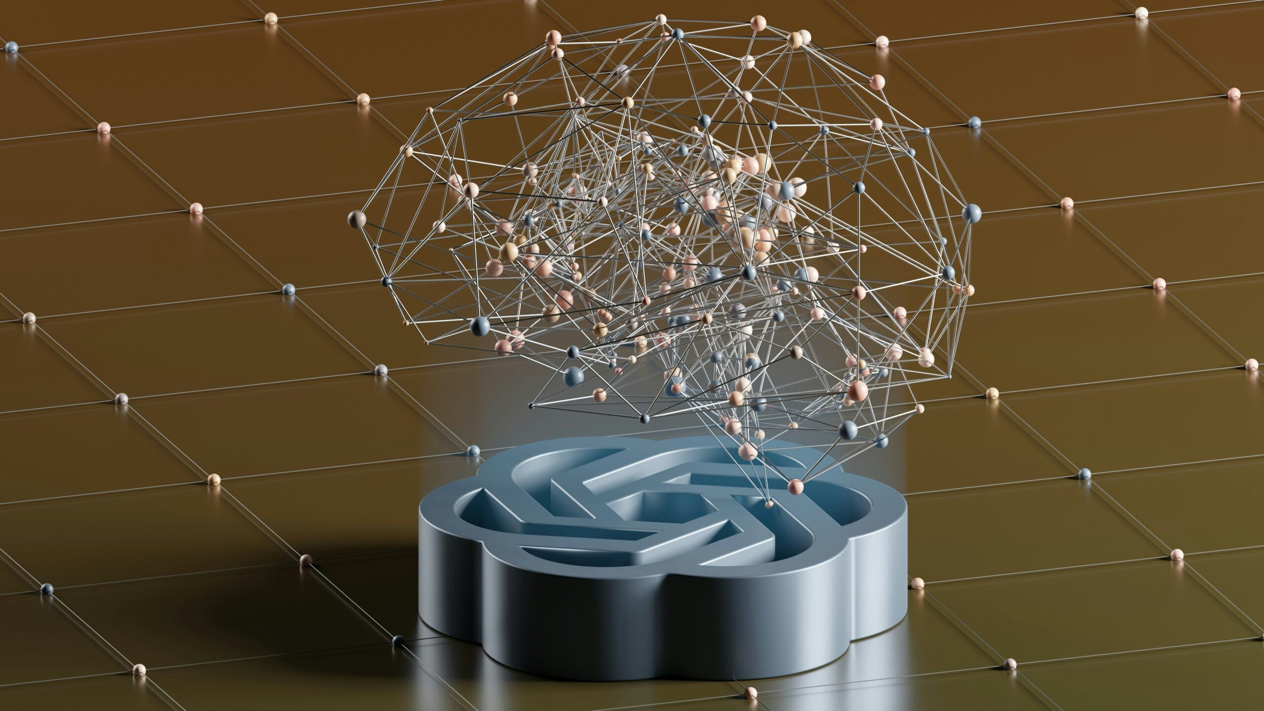 Logotipo metálico de OpenAI con una estructura alámbrica de red neuronal encima, con nodos interconectados, sobre un fondo cuadriculado.