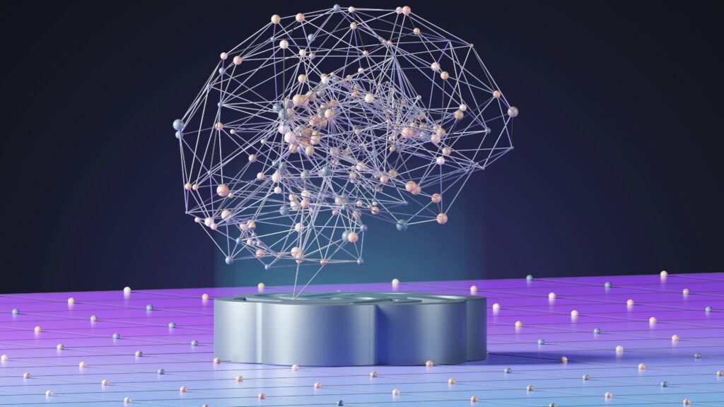 Un modelo digital en 3D de un cerebro formado por nodos y líneas interconectados se muestra en una plataforma circular sobre un fondo de degradado púrpura y azul.