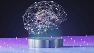 Un modelo digital en 3D de un cerebro formado por nodos y líneas interconectados se muestra en una plataforma circular sobre un fondo de degradado púrpura y azul.