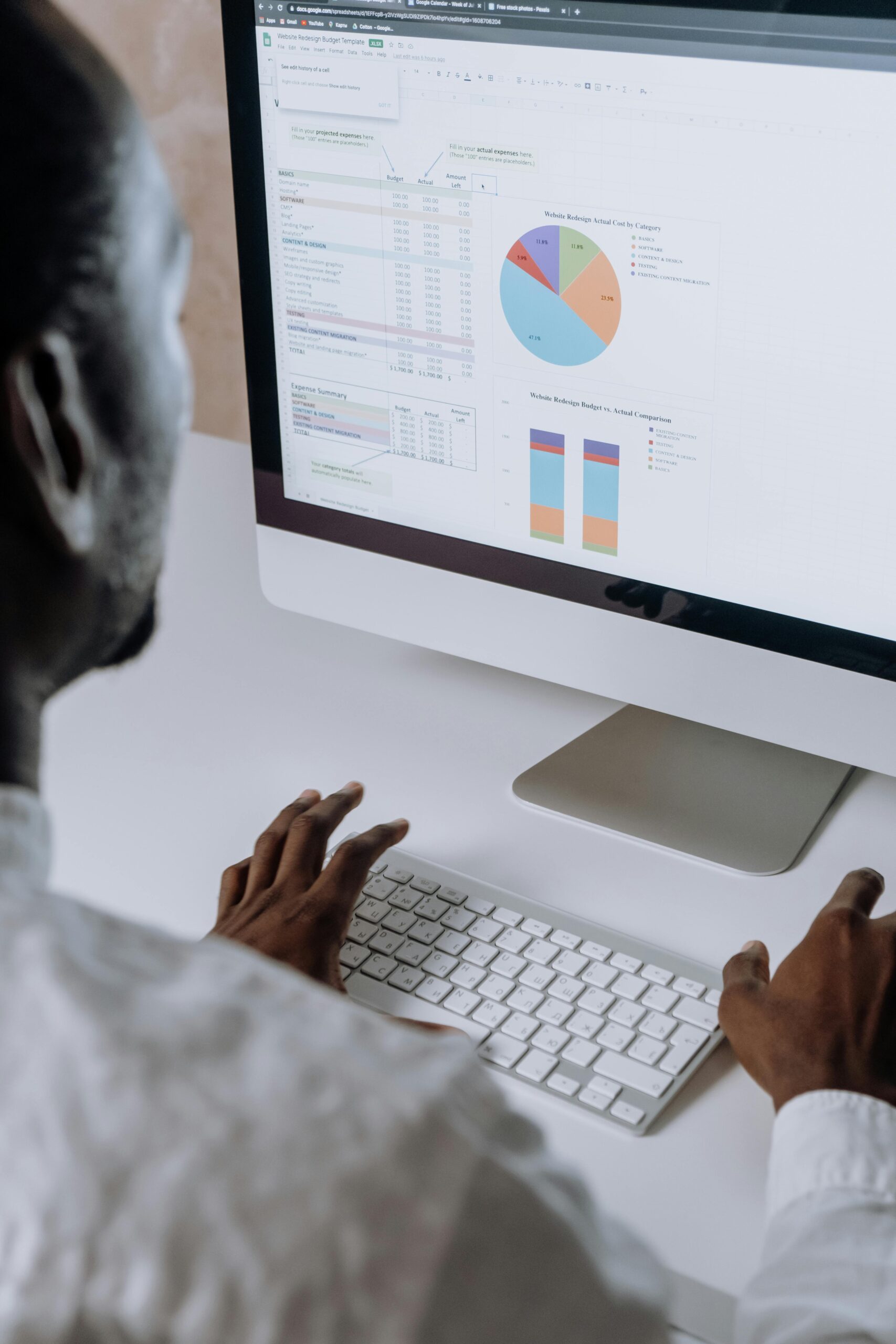 Persona que trabaja con un ordenador mostrando hojas de cálculo y gráficos, incluidos un gráfico circular y gráficos de barras, en un monitor de gran tamaño.