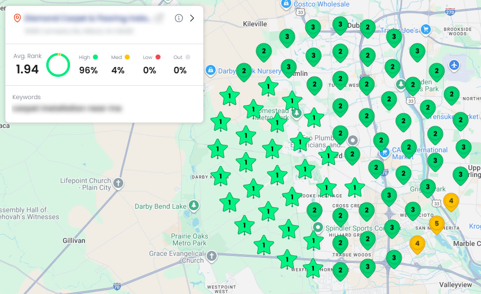 Un mapa muestra iconos de estrellas verdes agrupados que destacan las clasificaciones altas en un área geográfica, perfecto para una agencia de seo local, con un cuadro de resumen que muestra una clasificación media de 1,94 y un 96% de clasificaciones altas.