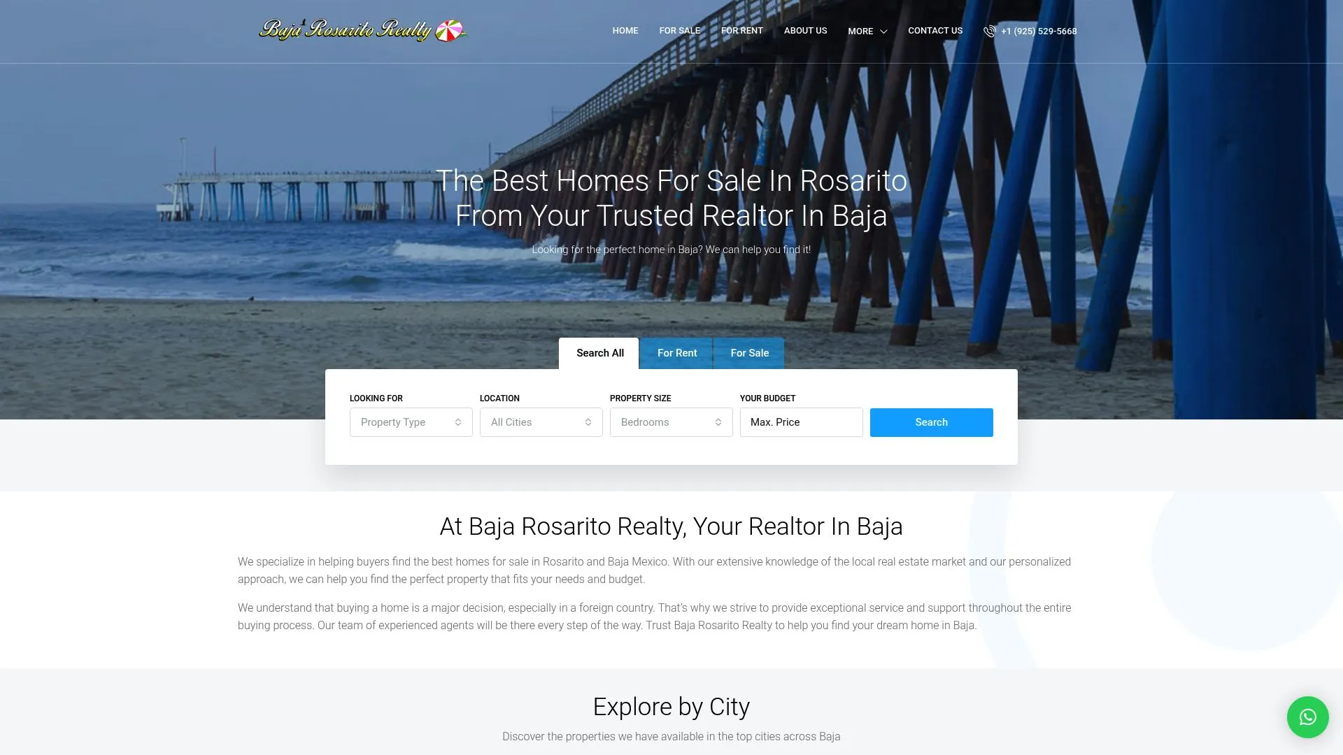 Un muelle frente a la playa con pilares azules se extiende sobre la arena y el océano; la interfaz de un sitio web inmobiliario se superpone a la imagen con campos de búsqueda y menús de navegación.