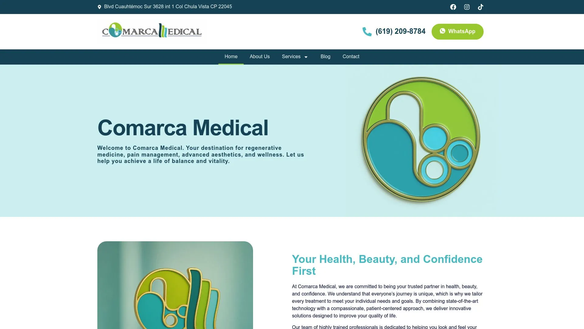 Captura de pantalla de la página de inicio del sitio web de Comarca Medical con el logotipo, menú de navegación, datos de contacto e información introductoria sobre sus servicios sanitarios.
