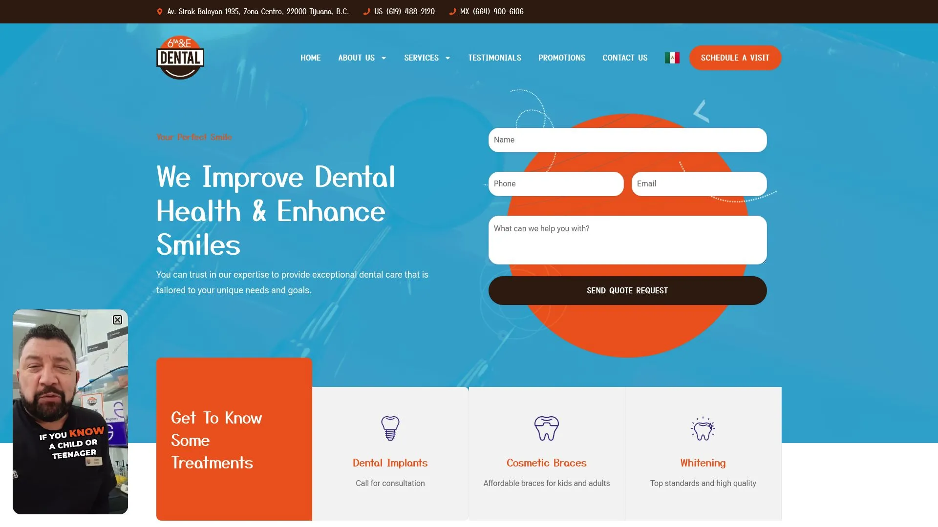 Captura de pantalla de la página de inicio de una clínica dental con cabecera, formulario de contacto, botones de llamada a la acción y una sección en la que se destacan los servicios de implantes dentales, ortodoncia y blanqueamiento.