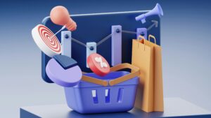 Ilustración en 3D de una cesta de la compra con gráficos, bolsas de la compra, una diana, una bombilla y un megáfono, que simboliza el marketing online y el crecimiento de las ventas.