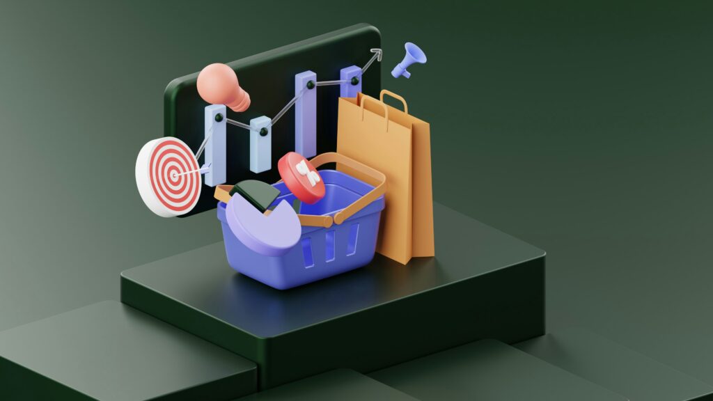 Ilustración en 3D de una cesta de la compra, una bolsa de papel, una diana, un imán y barras de gráficos sobre un podio oscuro, que representan conceptos de compra y marketing.