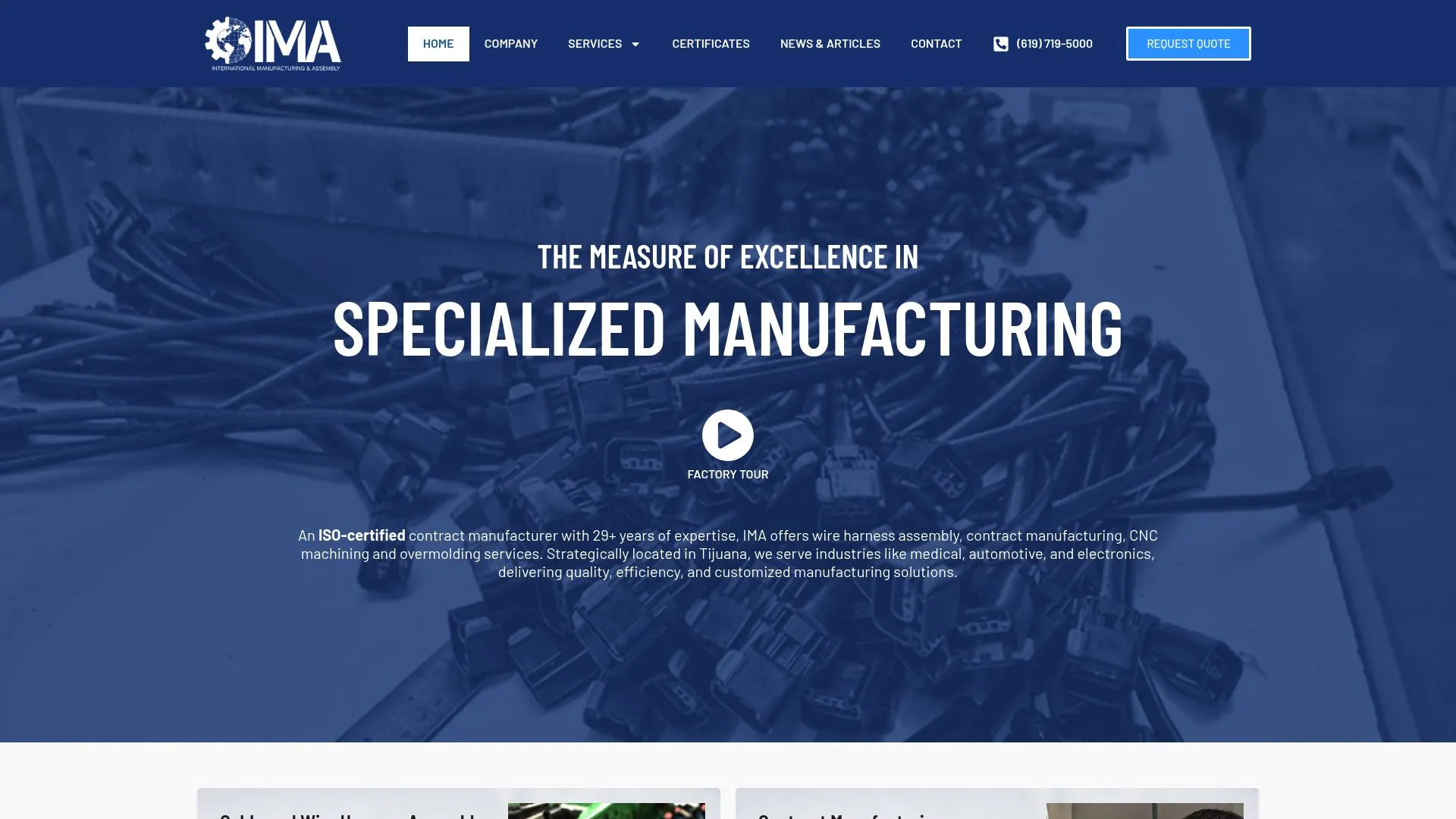 Captura de pantalla de la página de inicio de IMA con su logotipo, menú de navegación y una imagen de componentes electrónicos fabricados con el texto "Fabricación especializada".