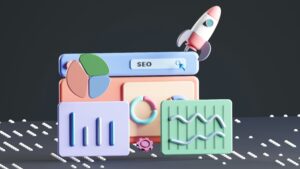 Ilustración en 3D de elementos de interfaz SEO, incluidos cuadros, gráficos, una barra de búsqueda con la etiqueta "SEO", un gráfico circular, engranajes y un cohete, que representan el marketing digital y la analítica.