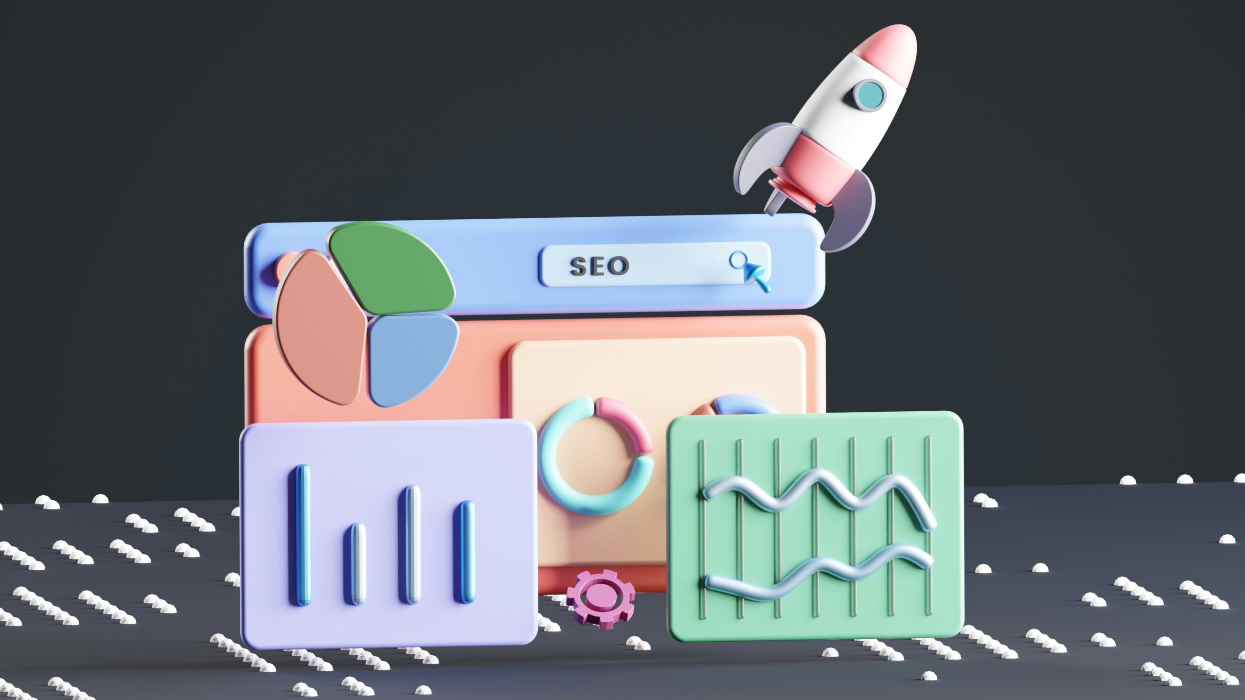 Ilustración en 3D de elementos de interfaz SEO, incluidos cuadros, gráficos, una barra de búsqueda con la etiqueta "SEO", un gráfico circular, engranajes y un cohete, que representan el marketing digital y la analítica.