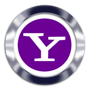 Un marco circular metálico rodea un círculo morado con una audaz letra "Y" blanca en el centro, que representa el logotipo de Yahoo.
