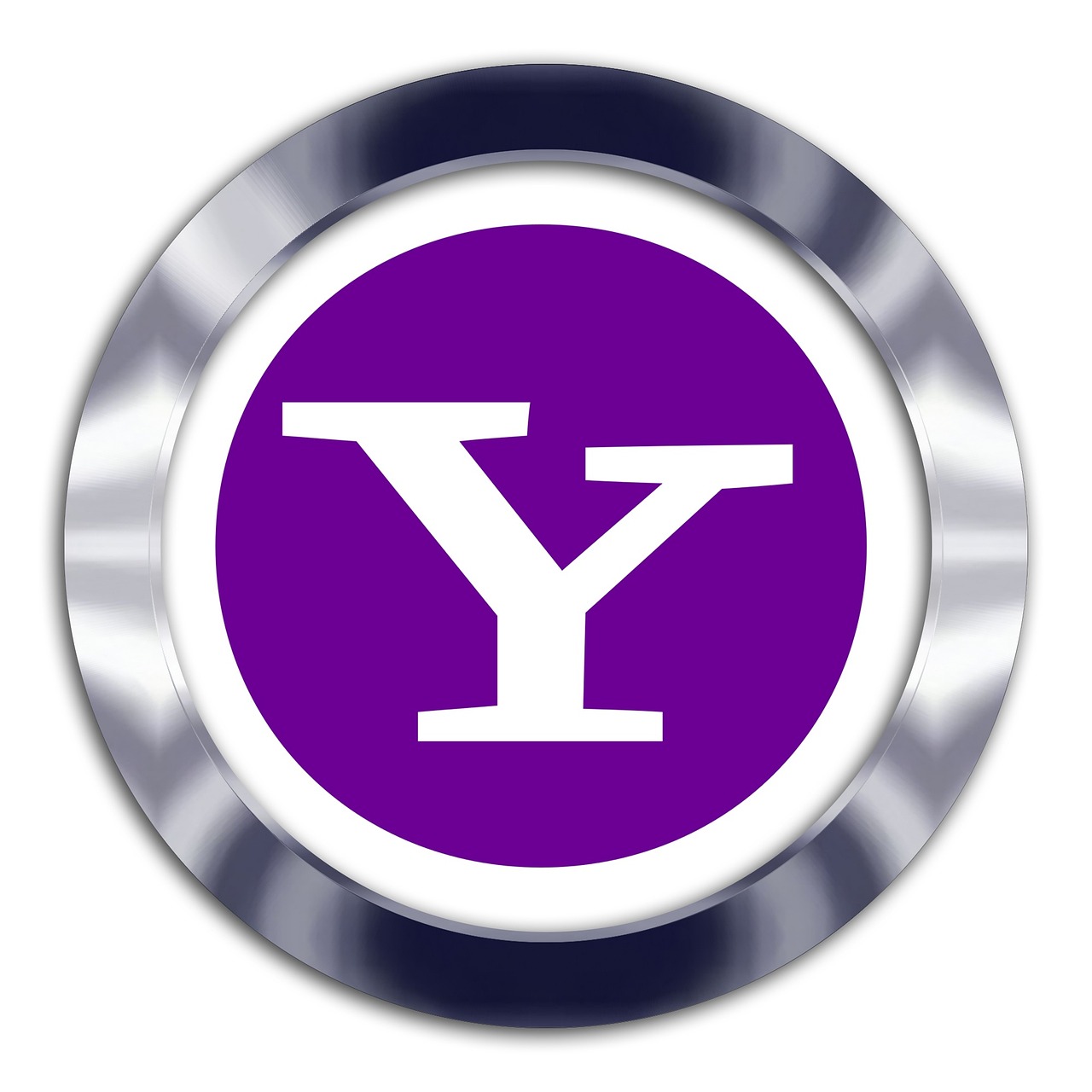 Un marco circular metálico rodea un círculo morado con una audaz letra "Y" blanca en el centro, que representa el logotipo de Yahoo.