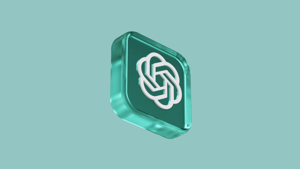 Icono cuadrado verde azulado renderizado en 3D con el logotipo de OpenAI en blanco sobre un fondo verde azulado sólido.