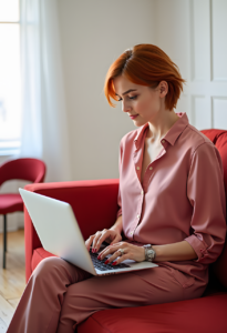 Una mujer pelirroja de pelo corto teclea en un portátil sentada en un sofá rojo en una habitación luminosa.